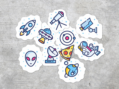 Sticker astronaut blue illustration pizza planet rocket space spaceship sticker