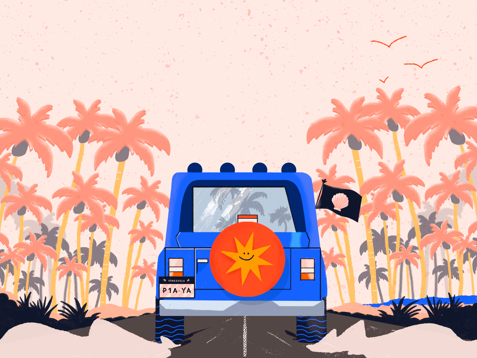 Chichiriviche road animation beach bright color caribbean fun happiness happy illustration jeep ocean palm palms road seashell star venezuela