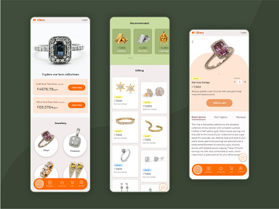 Jewellery App interface app design app interface cart page ecommerce app explore page green jewellery orange shopping app uidesign uiuxdesign