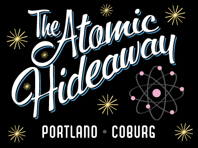 Atomic Hideaway banner retro script sign