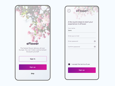 eFlower - flower delivery app sign up | Daily UI Challenge 001 app dailyui dailyuichallenge design figma flower shop
