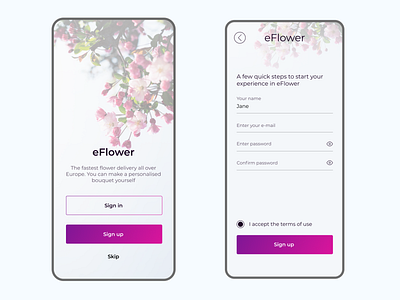 eFlower - flower delivery app sign up | Daily UI Challenge 001