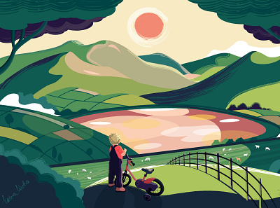 Evening in the mountains child design flat illustration mountains sunset vector