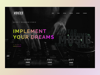 The main screen of the Website. Recording Studios design gradient web website