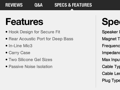 Features Specs ecommerce features layout specs tabs typography ui