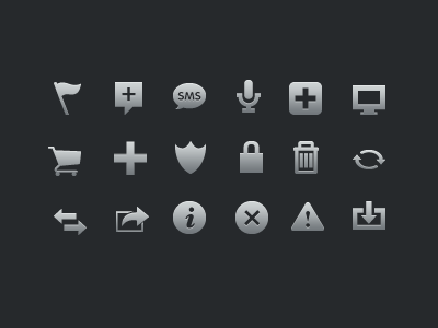 Icons add cart close compare desktop download expand flag icon information lock microphone plus reload send shield sms trash warning