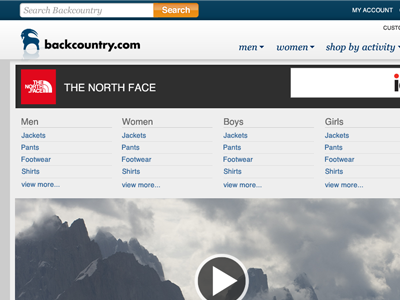 Backcountry Bluesky backcountry backcountry.com bluesky ecommerce navigation search the north face video