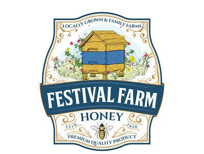 Festival Farm Honey Emblem Logo bee illustration bee logo emblem logo farms honey honey farm honey label honey pot honeybee honeycomb vintage logo