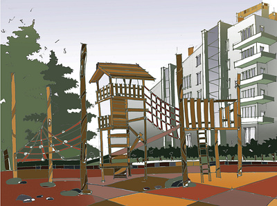 playground architectural graphics design gradient graphic green housing illustration minimal photoshop student work trees wooden platform