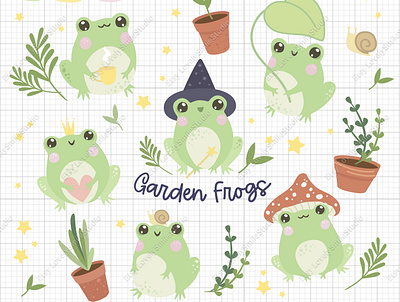 Cute frogs clipart and digital stickers character child clipart cute flat frog illustration kawaii kids simple vector