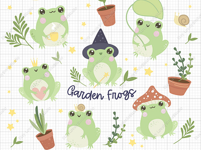 Cute frogs clipart and digital stickers