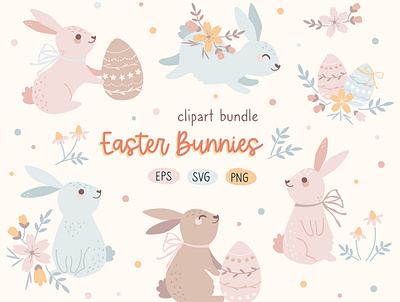 Easter bunnies clipart bundle bunny character child clipart cute design ester illustration kids simple vector