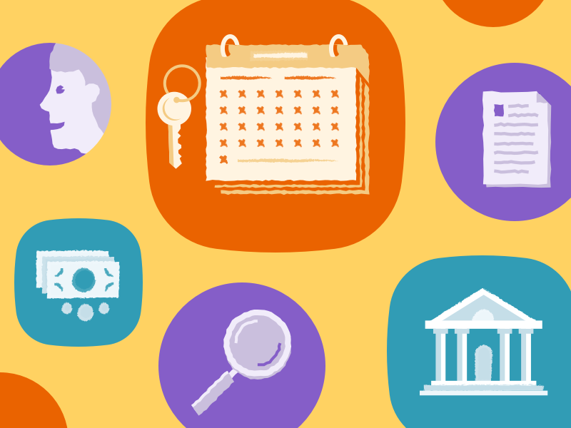 Illustrations drawings icons woman magnifying glass bank money keys calendar illustrations