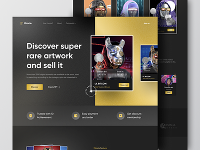 Miracle - NFT Marketplace 🤖 crypto cryptocurrecy dark dark mode footer gold hero section landing landing page landingpage landingpages marketplace nft ui ux web web design webflow webs website