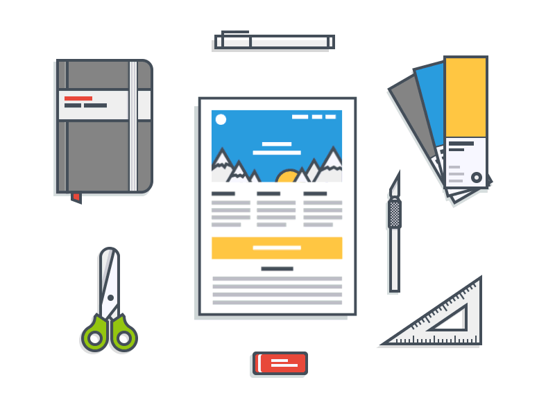 Homepage Illomation animation email flat gradient icon iconography icons illustration notebook pantone pen vector