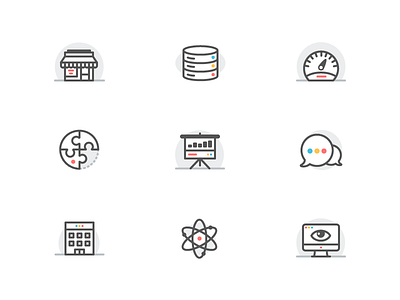 Icons atom dashboard icon iconography icons illustration imac messages outline puzzle server shop