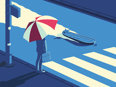 cruising... editorial illustration man street tanker umbrella