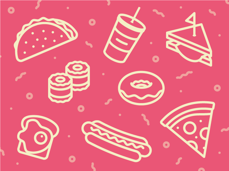 Food Pattern toast hot dog pizza donut sushi taco sandwich pattern food iconography illustration icons