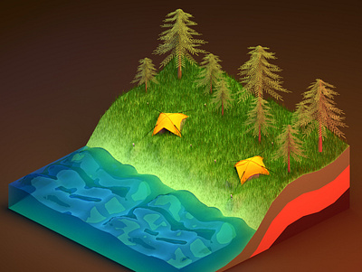 Camping on Forest design isometric nature simple sketch
