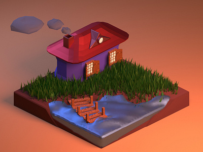House and Lake building design isometric nature simple sketch