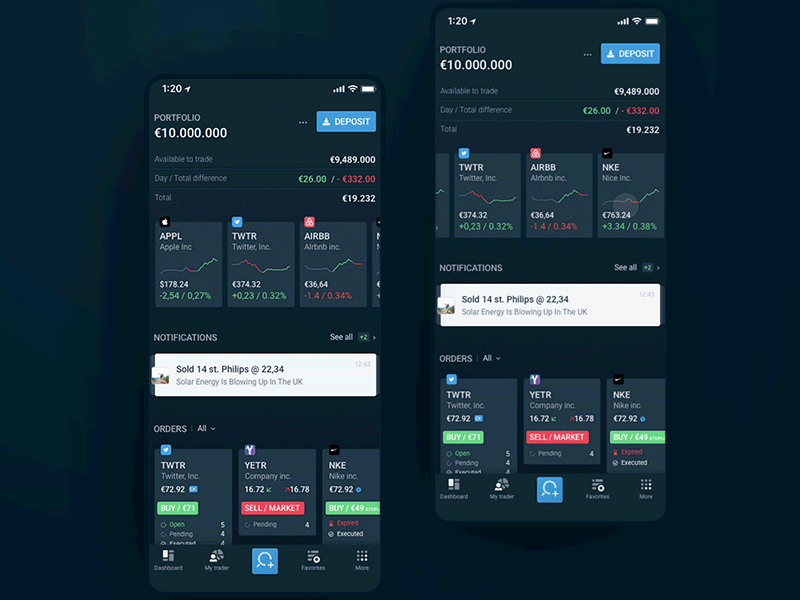 Trader dashboard on phone cards interactions panel search ui