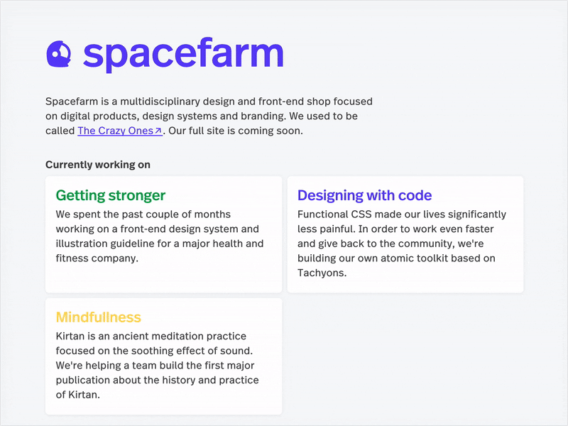 Spacefarm website update code css landing page minimalist modernist sci fi space spacefarm studio web design website