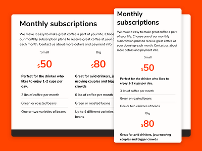 Responsive pricing table