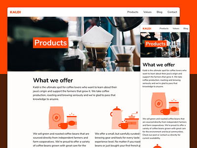 Kaldi products page bright coffee css html marketing orange products tachyons web website white