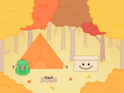 Autumn camping autumn backpack box campfire camping forest happy illustration leaves smile tent trees