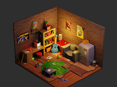 Isometric 80s kids basement room 3D