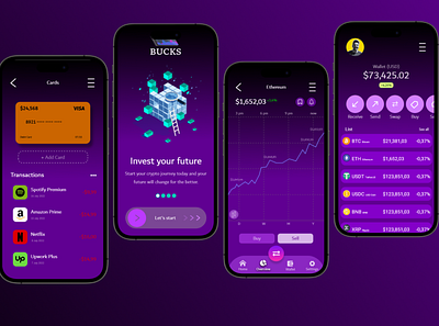 Bucks Mobile Design of a Cryptocurrency Exchange Service app application branding crypto dark design finance fintech logo portfolio prototyping purple ui ux