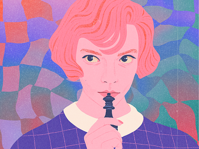 The Queen's Gambit II 50s anya taylor joy beth harmon character chess illustration pastel pink portrait texture vintage