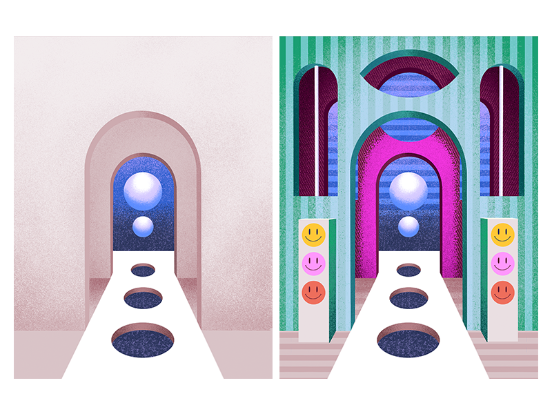 Calm vs. Busy arquitecture calm doors illustration moon mystical planets procreate smiley face space texture windows