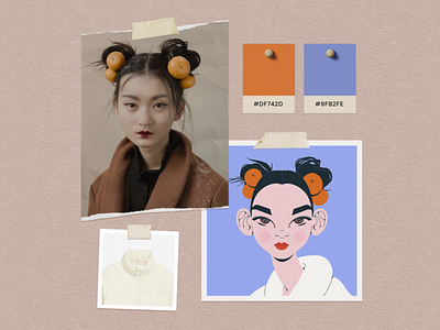 Portrait of girl with oranges in her hair (Moodboard) analog asian character chinese girl hair illustration inspiration moodboard oranges portrait woman