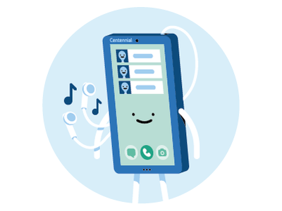 Centennial, the Mascot celular character chat clean cute happy headphones illustration kawaii mascot minimal mobile music notifications phone