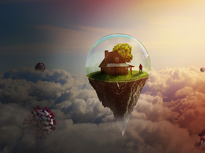 safe place bacteria cc clouds covid19 design house illustration isolation manipulation photoshop rocks sunset