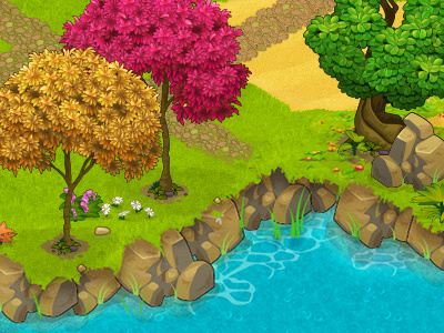 River game illustration isometric mobile river trees vector