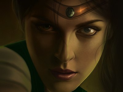 Green digital face girl green illustration painting thunder