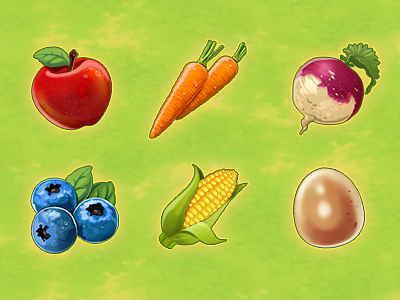 Food Icons apple blueberries carrots corn egg food game icon icons illustration turnip ui