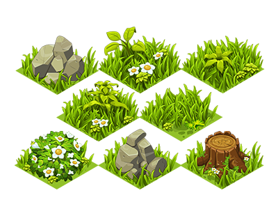 Grass Tiles farm game game art grass illustration isometric mobile rocks tiles tree stump ui vector