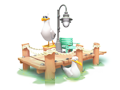 dock 3d dock game gameart illustration maya mobile model seagull
