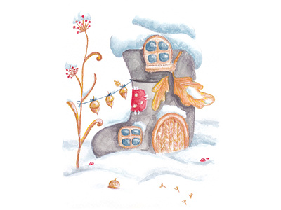 Зима art child childrens book childrens illustration cute illustration illustrator акварель акварельная иллюстрация домик зима сапог снег стикер