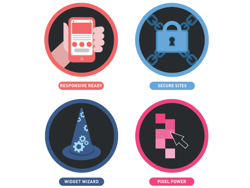 Merit Badges 1 mouse pointer lock pixel wizard phone hand tech colorful icons badges illustration