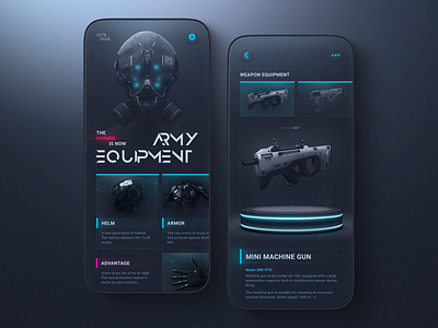 Army equipment app 3d app design army dark dark ui design game games illustration mobile mobile app mobile app design police ui uiux ux