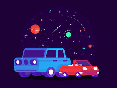 Lovers under the stars blue car dark flat jeep night purple red space