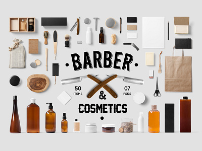 Barber Cosmetics Mock-Up / 50 Items bottle brand craft hipster logo minimalist mockup psd shop template vintage