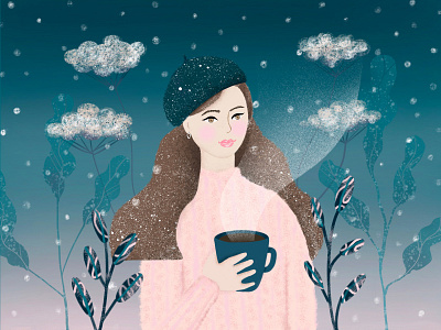 Winter Girl 2d challenge character characterdesign coffee digital drawing drawthisinyourstyle dtiys illustration portrait procreate snow winter woman