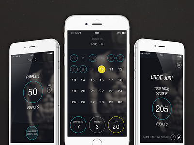 30day Pushup Challenge App - dark theme final app gym ios ios8 iphone6 mobile sport sportapp sports training uidesign uxdesign