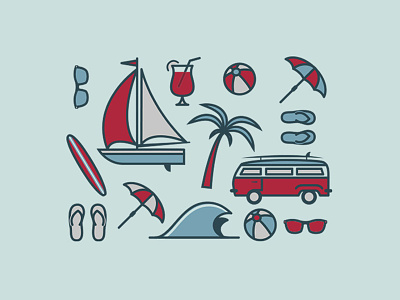 Beach Icons ball beach bus glasses icons sail boat sandals umbrella van vw wave