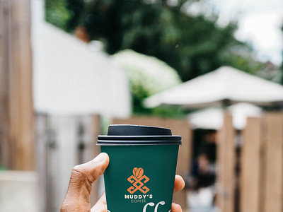 Cup Mockup with Hand for muddy's coffee logo design